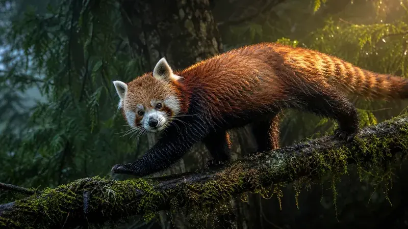 Red panda crossing a rain-darkened mossy branch