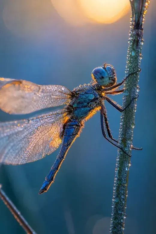 Dew-covered dragonfly in blue and amber dawn light