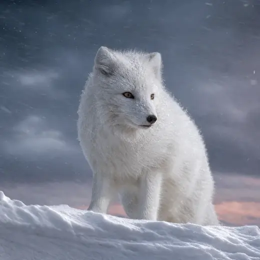 Arctic fox standing on a windblown snow ridge