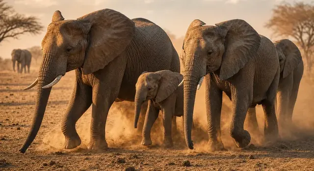 Elephant family crossing a dusty golden savanna