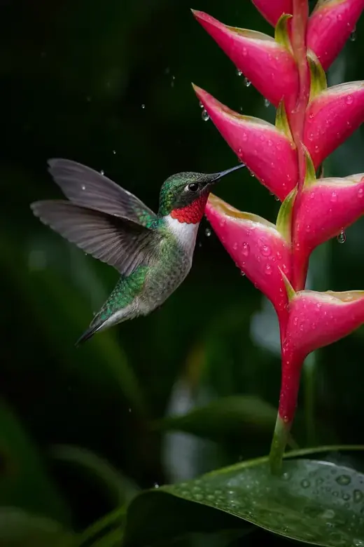 Hummingbird hovering beside a rain-covered pink heliconia flower